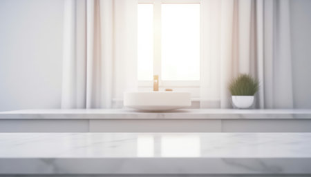 Empty white countertop with blurred bathroom background. Generative AIの素材
