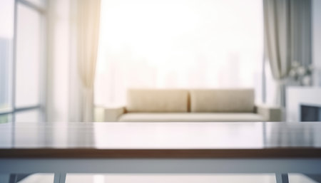 Front view of empty table in the living room in the morning with blurred background. Generative AIの素材