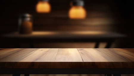 Dark rustic living room with empty table for product display. Generative AIの素材