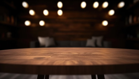 Empty wooden table with copy space against dark rustic living room background. Generative AIの素材