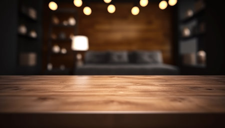 Empty wooden table in dark stylish living room with blurred background. Generative AIの素材