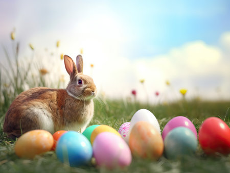 Little Bunny In Basket With Decorated Easter Eggs. Easter concept. Generative AIの素材