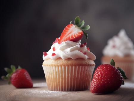 Homemade pink sweet cupcake with strawberries. Generative AIの素材