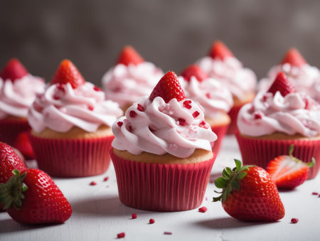 Homemade pink sweet cupcake with strawberries. Generative AIの素材