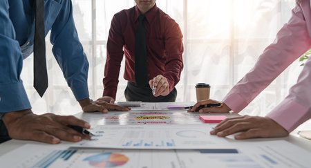 business meeting in office planning, goals or mission at desk with strategy and financial analysis. Teamwork collaborationの写真素材