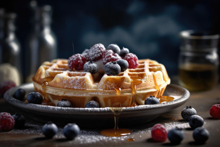 Homemade Belgium Waffles with Mix berries and Ice cream. Generative AIの素材