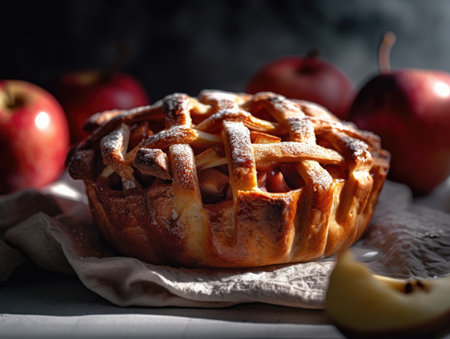 Homemade apple pie on wooden background. Generative AIの素材