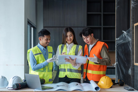 Team of engineer and architects working, meeting, discussing, designing, planning, measuring layout of building blueprints at construction site, Construction conceptの写真素材