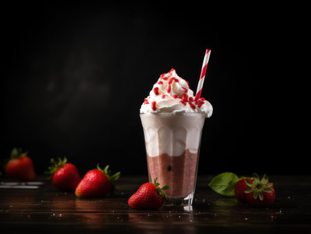 Glass with delicious strawberry milk shake. Generative AIの素材