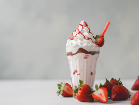 Glass with delicious strawberry milk shake. Generative AIの素材