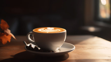Hot latte coffee with latte art on wooden table. Generative AIの素材