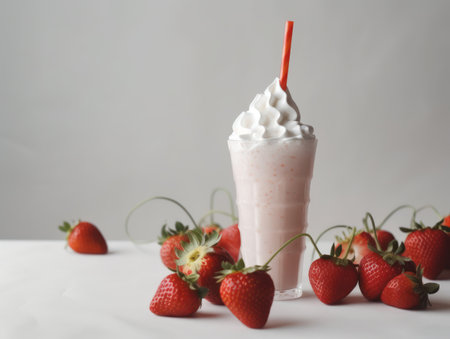 Glass with delicious strawberry milk shake. Generative AIの素材