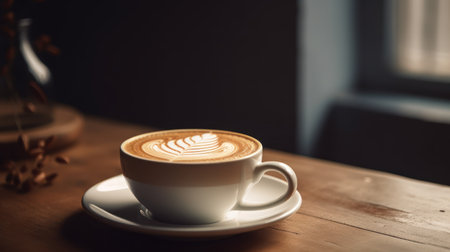 Hot latte coffee with latte art on wooden table. Generative AIの素材