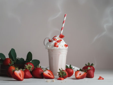Glass with delicious strawberry milk shake. Generative AIの素材