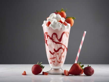 Glass with delicious strawberry milk shake. Generative AIの素材