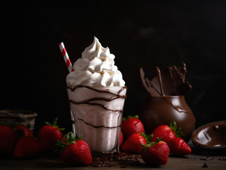 Glass with delicious strawberry milk shake. Generative AIの素材