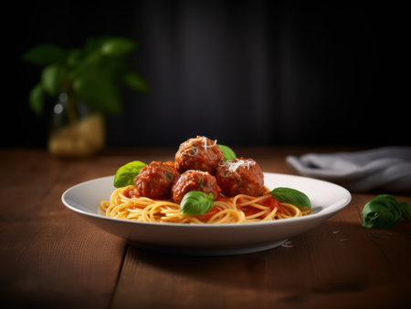 Spaghetti pasta with meatballs and tomato sauce on wooden table. Generative AIの素材