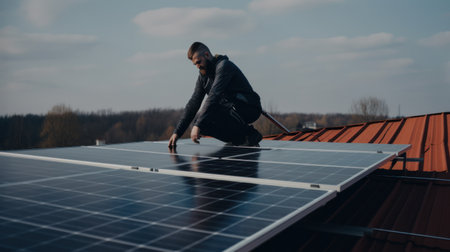 solar panesl or photovoltaic plant on the roof of a house. Generative AIの素材