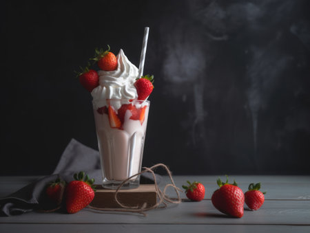 Glass with delicious strawberry milk shake. Generative AIの素材