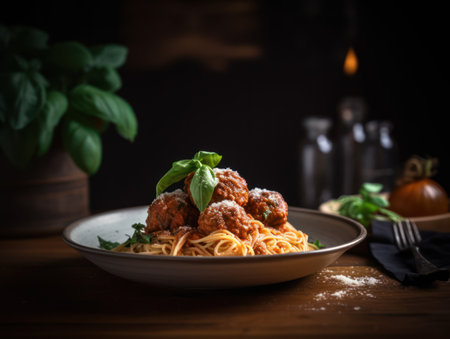 Spaghetti pasta with meatballs and tomato sauce on wooden table. Generative AIの素材