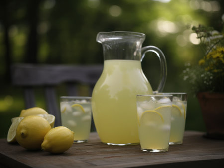 Fresh citrus lemonade with limes and lemons in jar on the table in the garden. Generative AIの素材