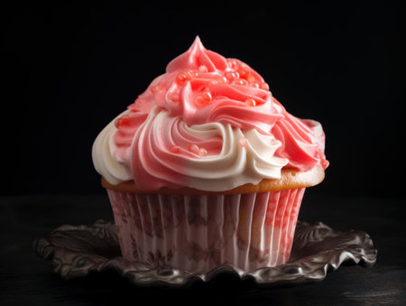 Pink Frosted Cupcakes with a Strawberry on Top. Generative AIの素材