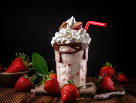 Glass with delicious strawberry milk shake. Generative AIの素材