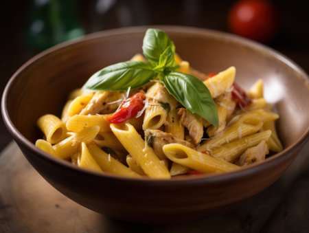 Penne pasta in tomato sauce with chicken in a bowl. Generative AIの素材