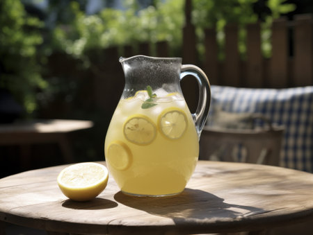 Fresh citrus lemonade with limes and lemons in jar on the table in the garden. Generative AIの素材