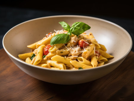 Penne pasta in tomato sauce with chicken in a bowl. Generative AIの素材