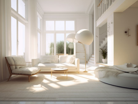 Minimal white modern living room with modern comfortable furniture. Generative AIの素材