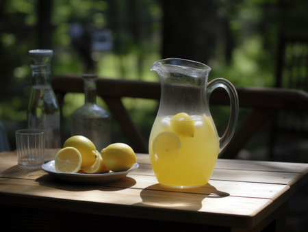 Fresh citrus lemonade with limes and lemons in jar on the table in the garden. Generative AIの素材