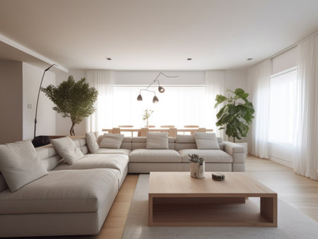 Minimal white modern living room with modern comfortable furniture. Generative AIの素材