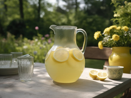 Fresh citrus lemonade with limes and lemons in jar on the table in the garden. Generative AIの素材