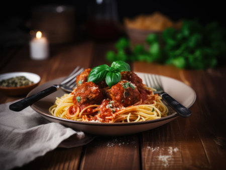 Spaghetti pasta with meatballs and tomato sauce on wooden table. Generative AIの素材
