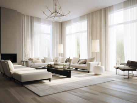 Minimal white modern living room with modern comfortable furniture. Generative AIの素材