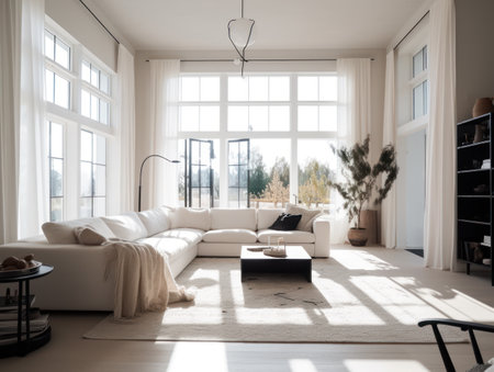 Minimal white modern living room with modern comfortable furniture. Generative AIの素材