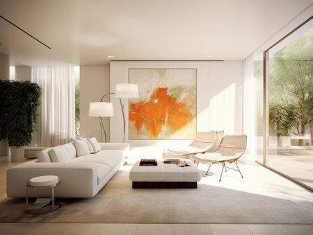 Minimal white modern living room with modern comfortable furniture. Generative AIの素材