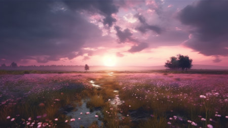 Pink flower filed with beautiful pink sky. Generative AIの素材