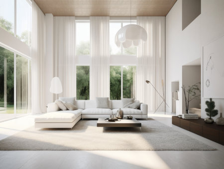 Minimal white modern living room with modern comfortable furniture. Generative AIの素材