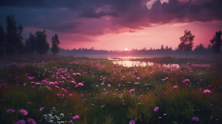 Pink flower filed with beautiful pink sky. Generative AIの素材