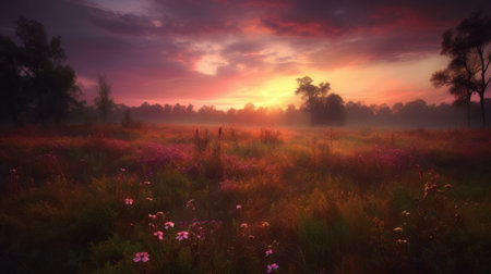 Pink flower filed with beautiful pink sky. Generative AIの素材
