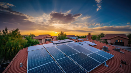 solar panesl or photovoltaic plant on the roof of a house. Generative AIの素材