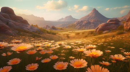 field of daisies with beautiful sunset sky. Generative AIの素材