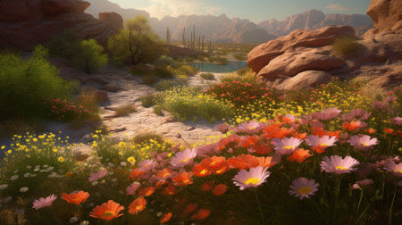 field of daisies with beautiful sunset sky. Generative AIの素材