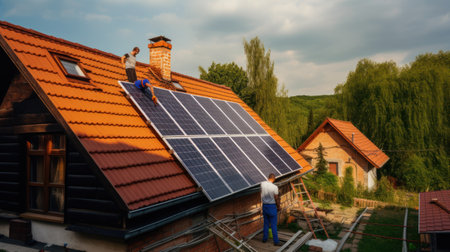 solar panesl or photovoltaic plant on the roof of a house. Generative AIの素材