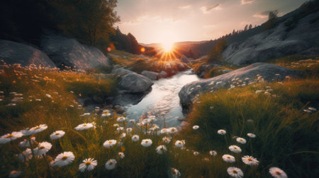 field of daisies with beautiful sunset sky. Generative AIの素材