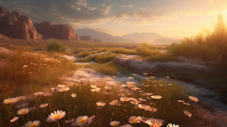 field of daisies with beautiful sunset sky. Generative AIの素材