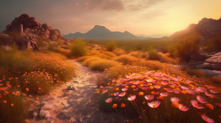 Pink flower filed with beautiful pink sky. Generative AIの素材