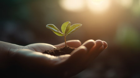 Close Up Plant in male Hands. Care of the Environment. Ecology concept. Generative AIの素材